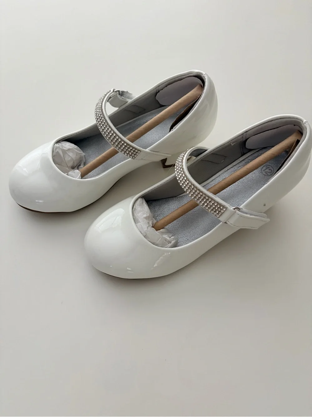 Girls' White Patent Mary Jane Dress Heels with Rhinestone Strap